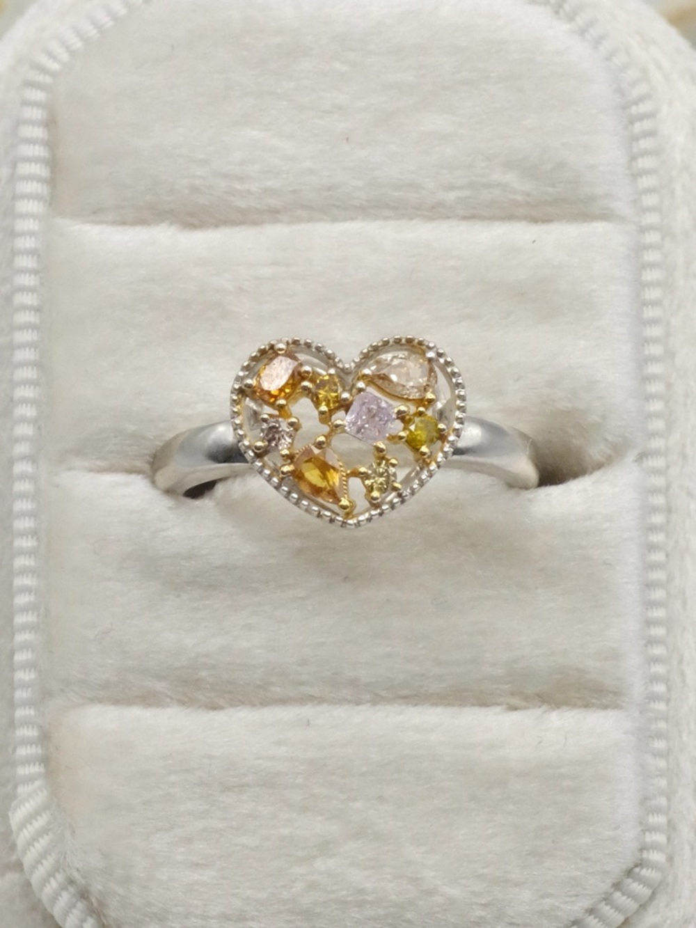 18K White Gold Natural Multi Color Diamond Heart Ring | Yellow Pink Champagne